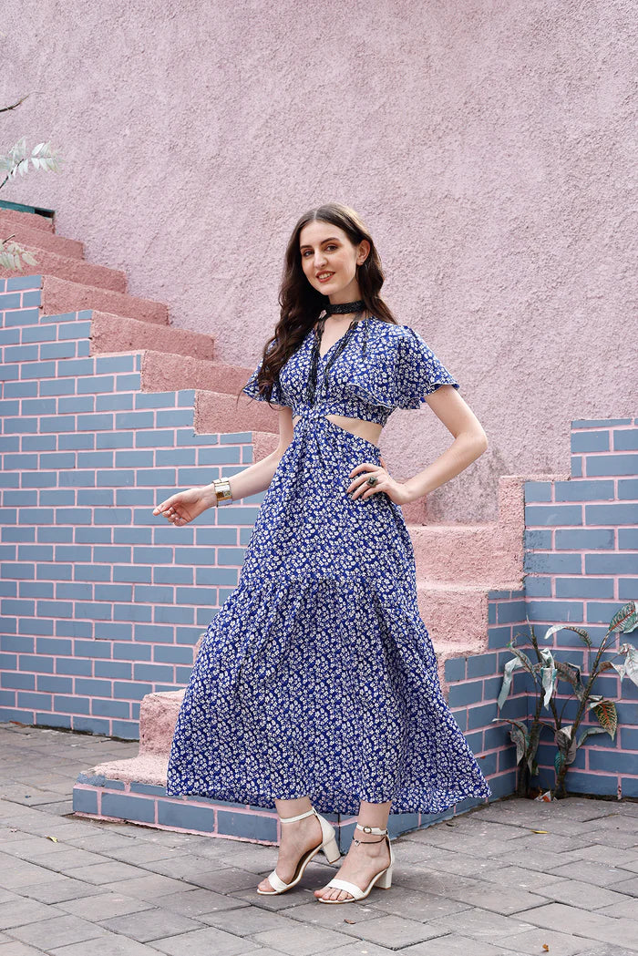 BLUE FLORAL WAIST CUT-OUT MAXI DRESS