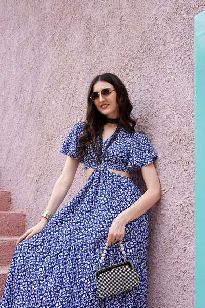 BLUE FLORAL WAIST CUT-OUT MAXI DRESS