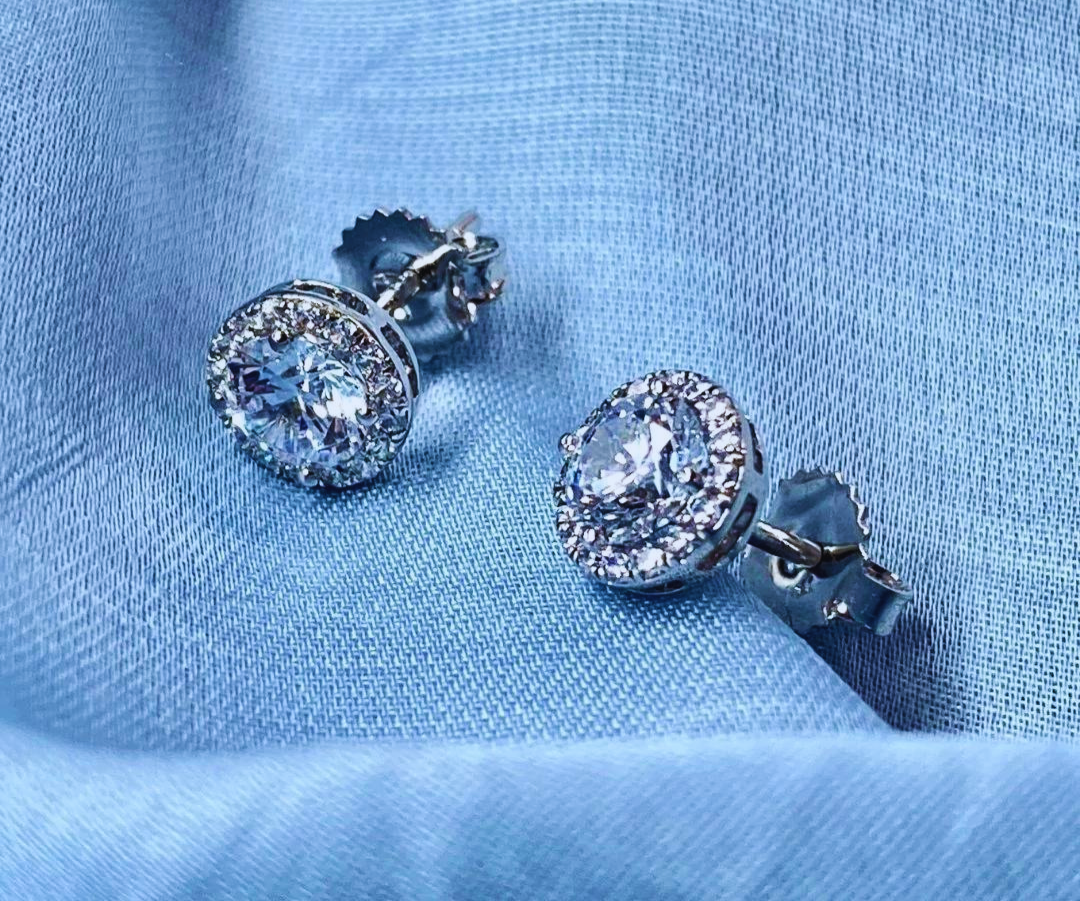 Halo Solitaire Stud Silver Earrings