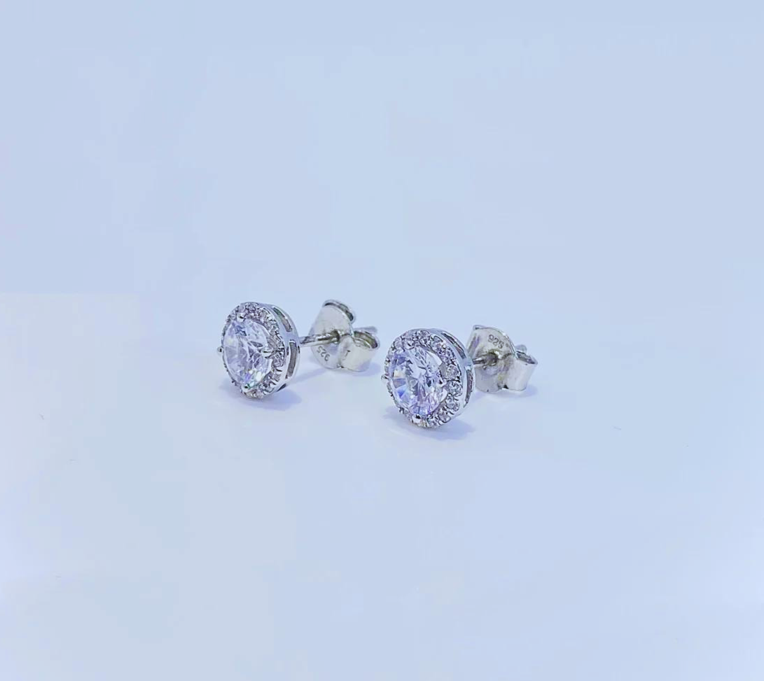 Halo Solitaire Stud Silver Earrings