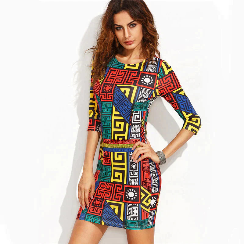 Geometric Print Lycra Bodycon Mini Dress